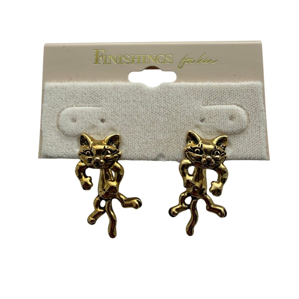 Hanging Cat Pierced Earrings Gold Tone Unique‎